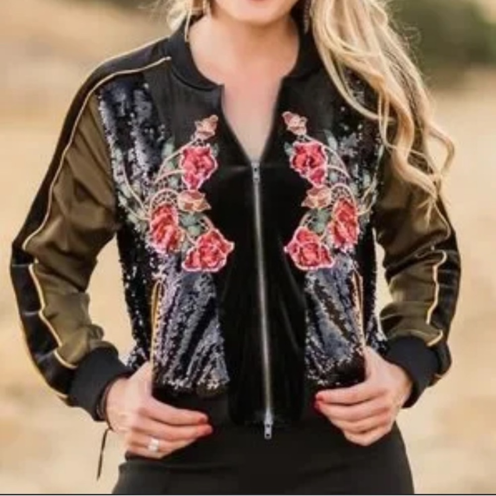 Rodeo Quincy-sequin floral velvet, bomber jacket